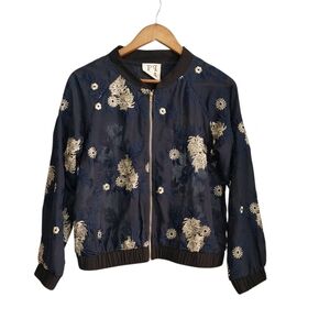 PPLA Starlit Woven Bomber Size Medium Mesh Navy Blue Embellished Zip Jacket